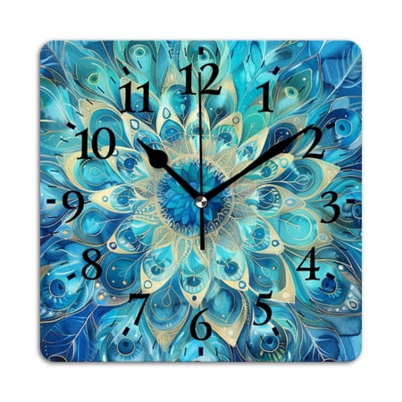 Square Wall Clock,Mandala Of Peacock Feathers In Shades Of Blue And Gold,Silent Non-Ticking Wall Clock Decor for Home Office Kitchen Living Room Bedroom(10inch)