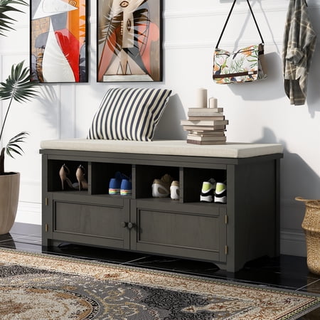 Bellemave 42" Shoe Storage Bench with Cushion, Four Racks and 2 Doors Cabinet, Wood Entryway Bench Seat with Storage (Dark Gray)