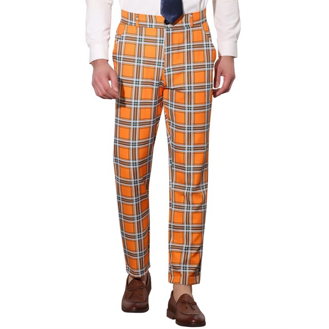 Pantalones de vestir planos de hombre Inspire Chic, elásticos y de cuadros, talla 38, color naranja