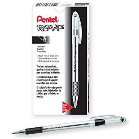 Pentel R.S.V.P. Ballpoint Pen, 0.7mm Fine Tip, Black Ink, Box of 12