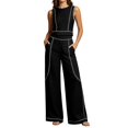 thumbnail image 2 of Womens 2 Piece Color Blocked Suits Sleeveless Crew Neck Tops Wide Leg High Waist Trousers Summer Comfy Fashion Set Black L, 2 of 7