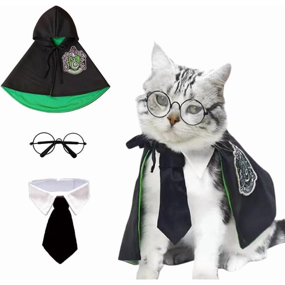 3PCS Halloween Dog Costume Cat Wizard Cape Glasses and Necktie Set Halloween Puppy Outfit Pet Academy Magician Cosplay Apparel for Kitten Cat Small Dogs (Black Red, Small)