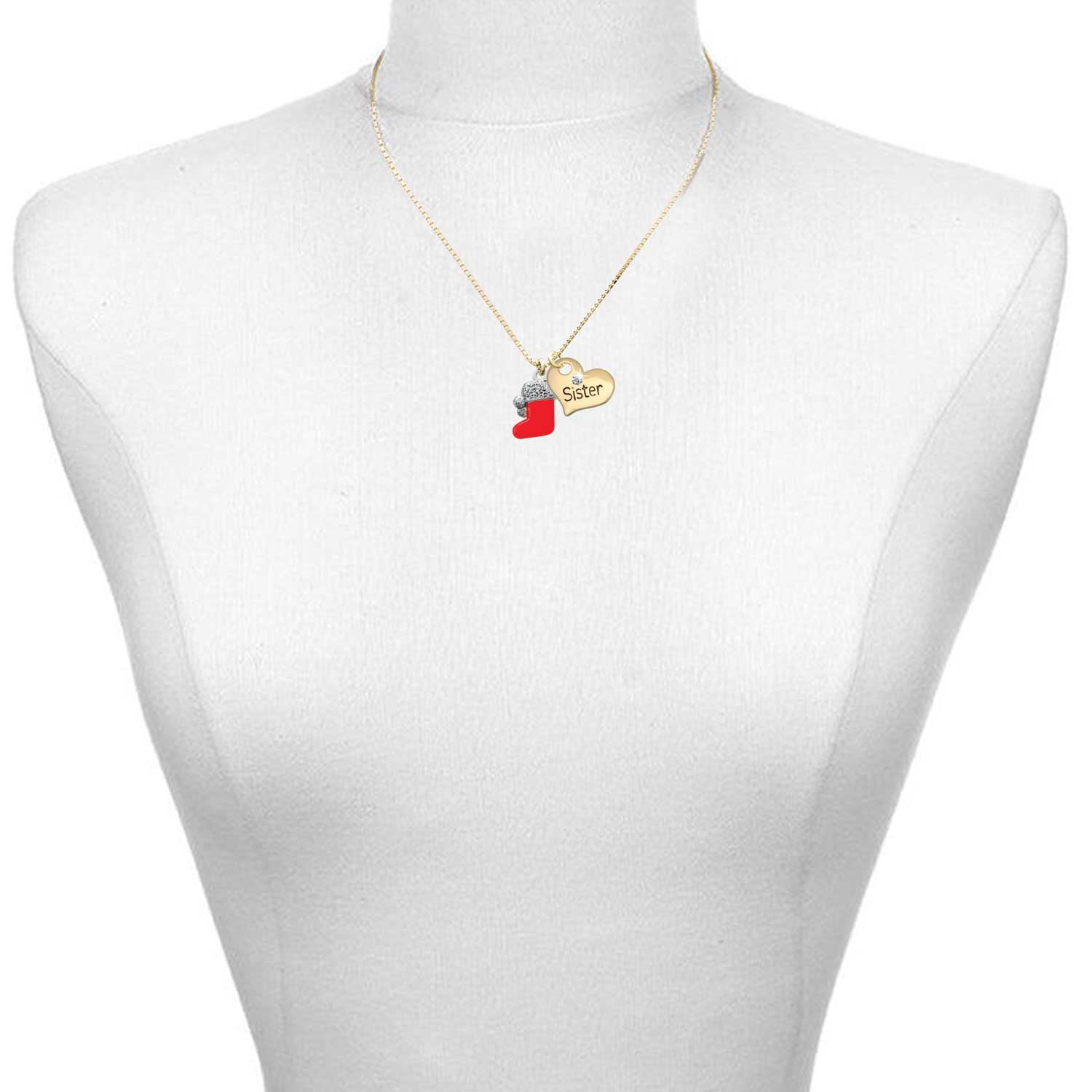 Delight Jewelry Silver-tone 3-D Red Christmas Stocking - Large Goldtone Sister Heart Charm Necklace, 17.5"+2" Extender