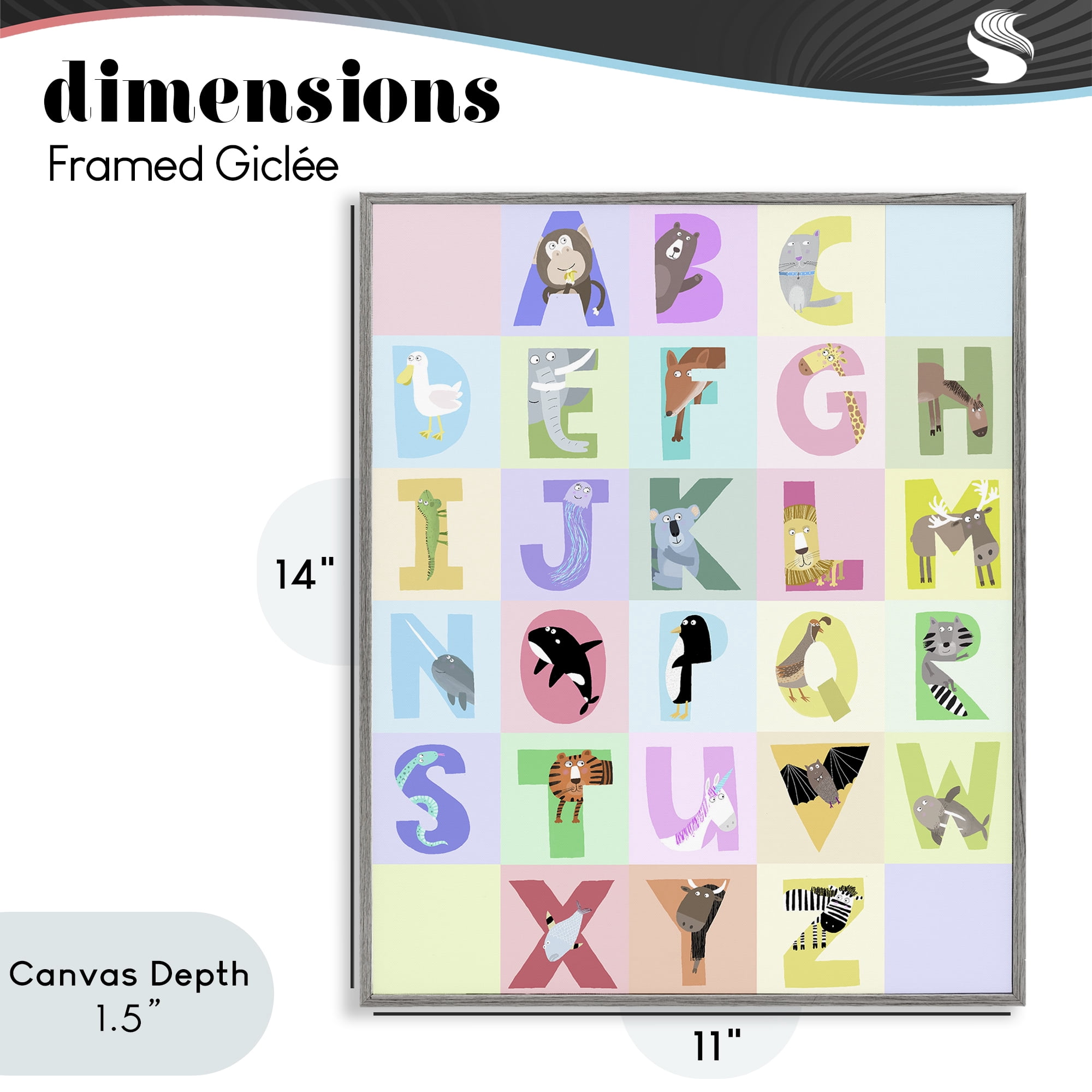 Stupell Industries Animal Alphabet in Pastels Gray Framed Giclee Art, design by Carla Daly