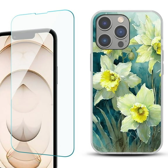 OneToughShield ® for iPhone 15 Pro Max Shockproof Fashion Phone Case, with Tempered Glass Screen Protector - Daffodils
