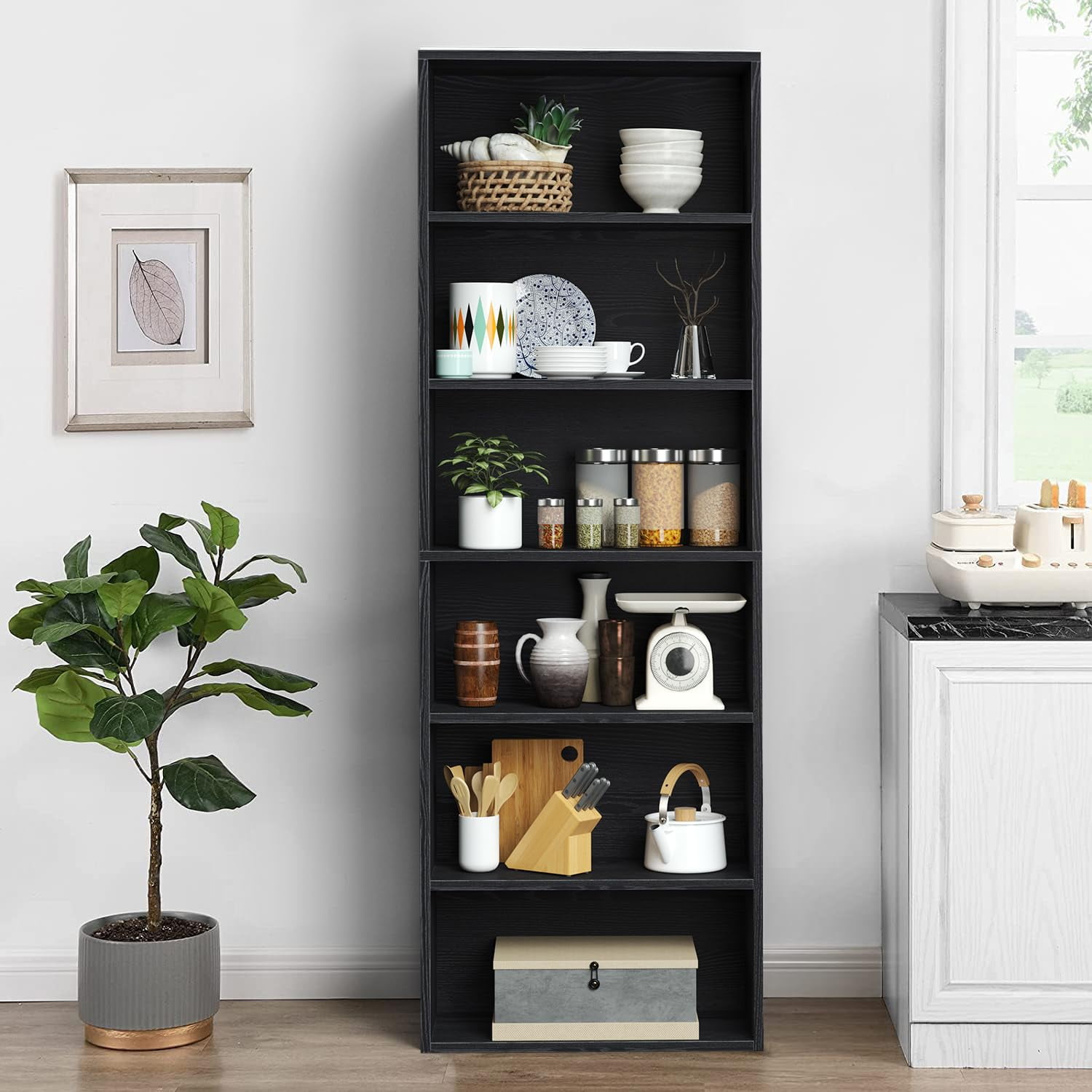 Bapipro Bookcase and Bookshelf, Floor Standing 6-Tier High Bookshelf, Display Storage Rack, Home Decorative Furniture, Suitable for Home Offices, Living Rooms, and Bedrooms,Black