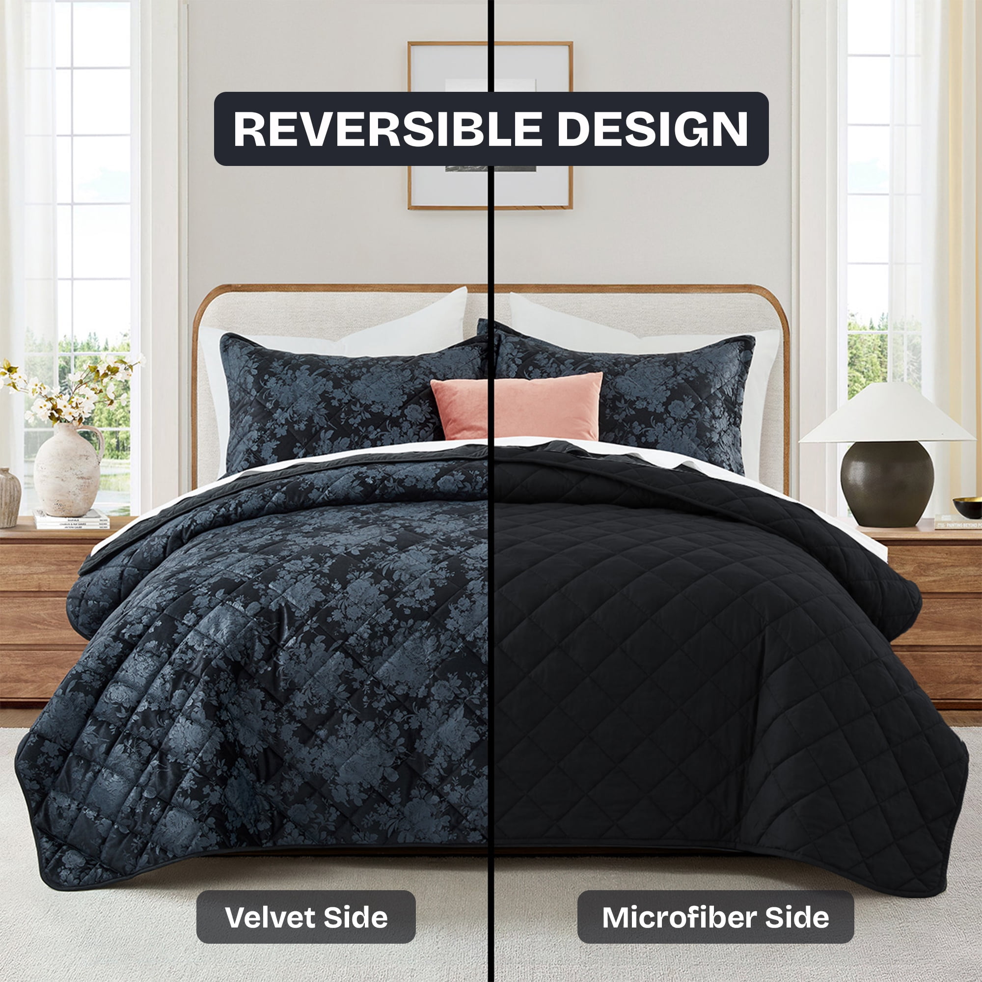 Ameha Luxury Velvet Quilt Floral Diamond Pattern 3-Piece Set Ultrasonic Embossed Bedding Set Ultra Soft Reversible Bedspread Queen Size Black