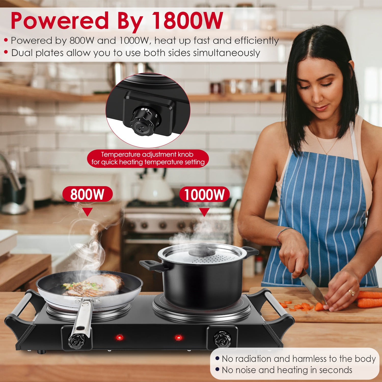 Dual Electric Hot Plate - 5-Second Fast Heating with 6.3 & 7.5 Inch Glass Plates, 800W+1000W Power, Thermostat Control & Auto Shut-Off, 338-1022°F Adjustable Temp, Portable for Camping, Dorms, Small