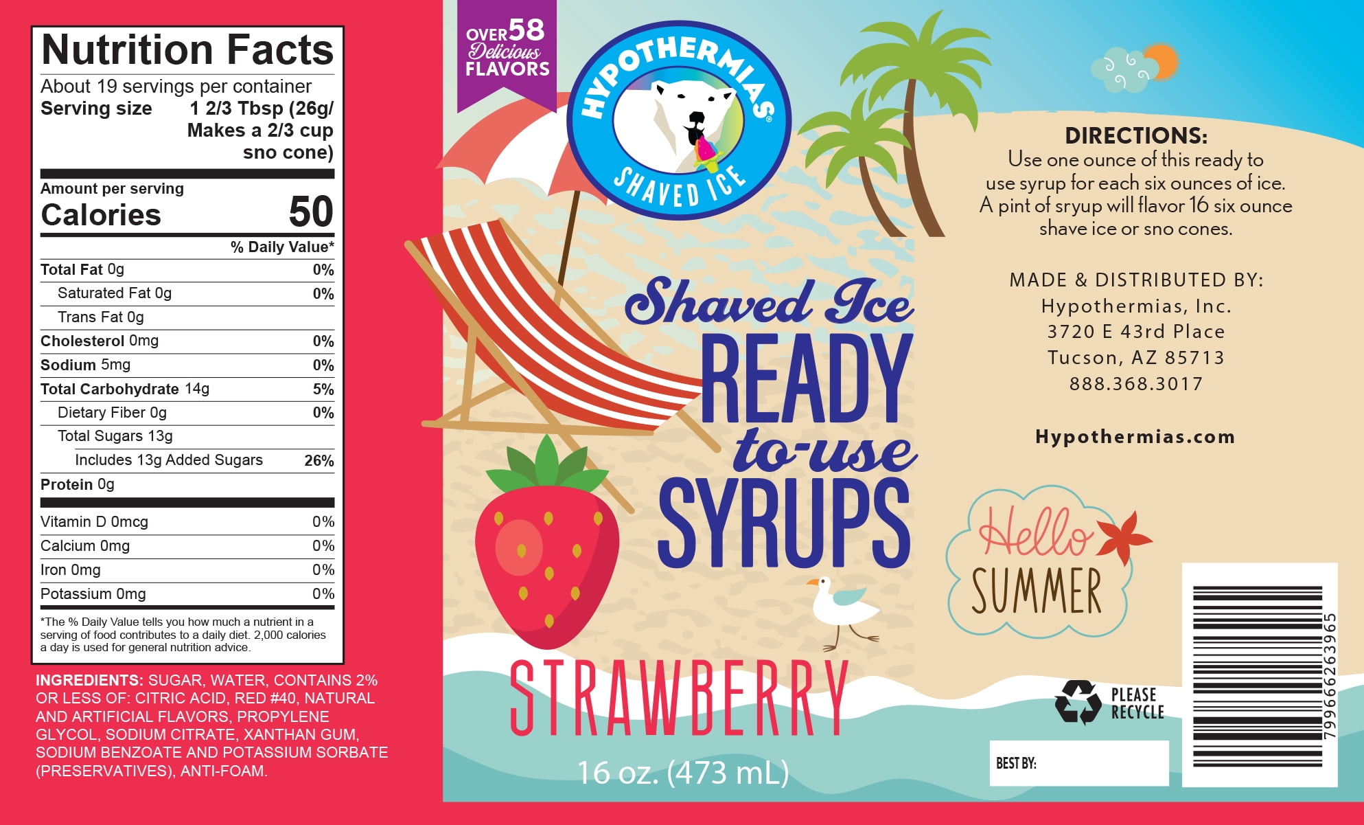 Hypothermias Shaved Ice and Snow Cone Syrup in Gift Box - Variety 3 Pack (16 Fl Oz Each) - Coconut, Strawberry, Lemon Lime - Non-GMO 100% Pure Cane Sugar