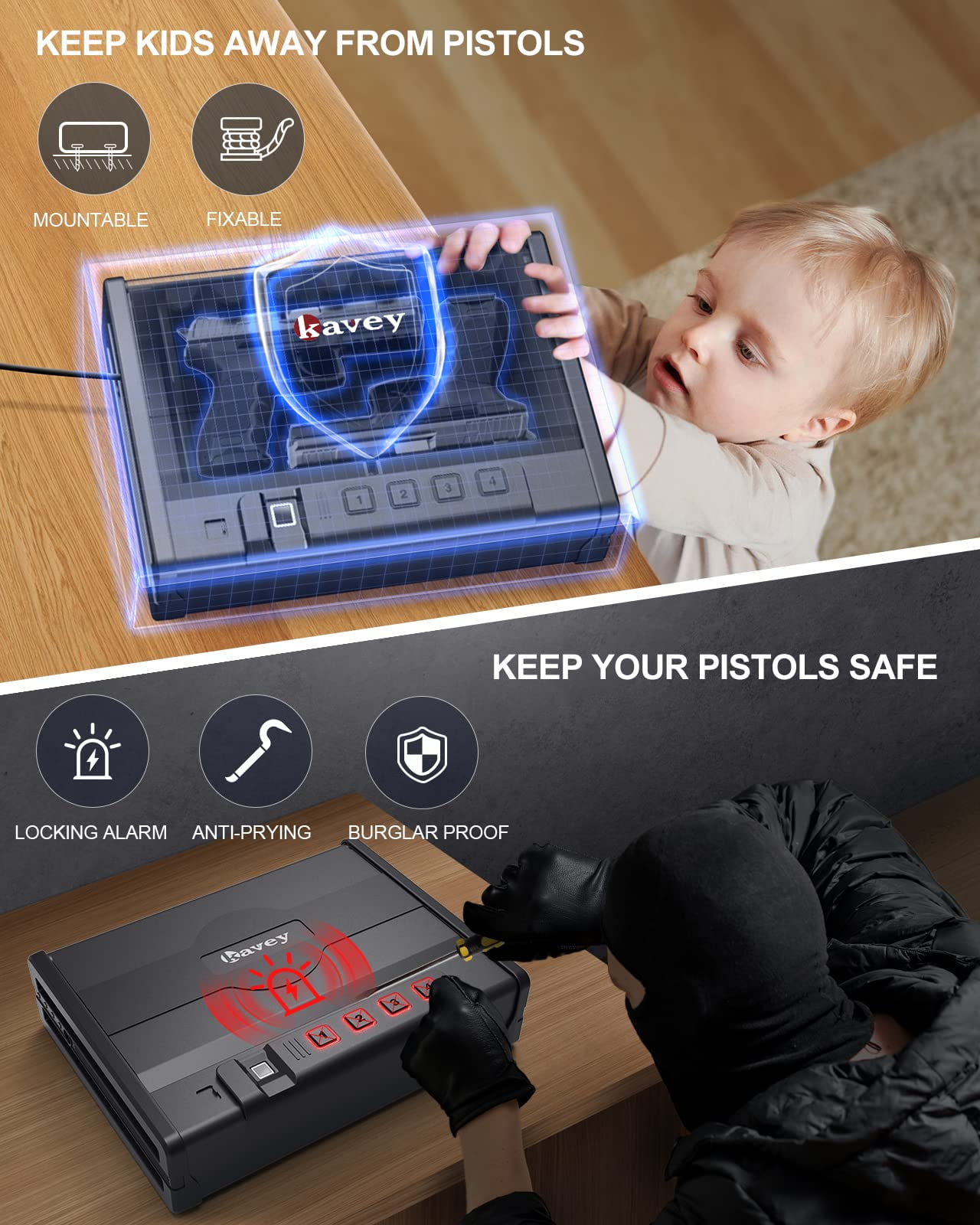 Kavey Biometric Gun Safe for Pistols, Quick-Access Fingerprint Handgun Safe for 2 Pistols with Backlit Keypad, Mute Mode, Auto-Open Pistol Safe for Home Nightstand Bedside Car