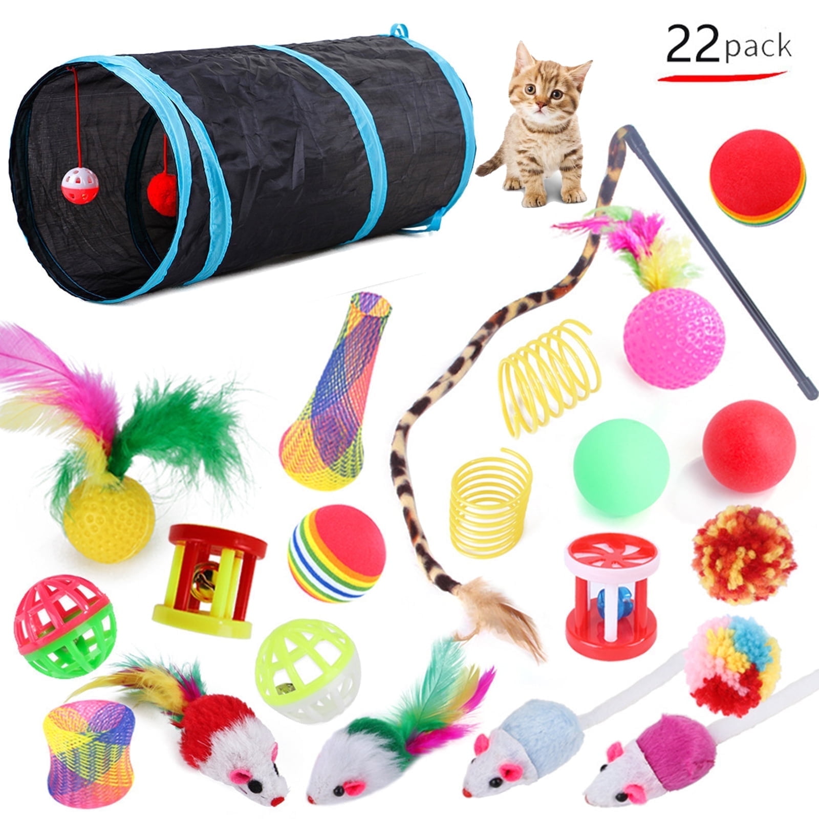 Tripumer Portable 22-Piece Cat Tunnel & Toy Set with Tunnel & Bell Balls, Blue Leopard