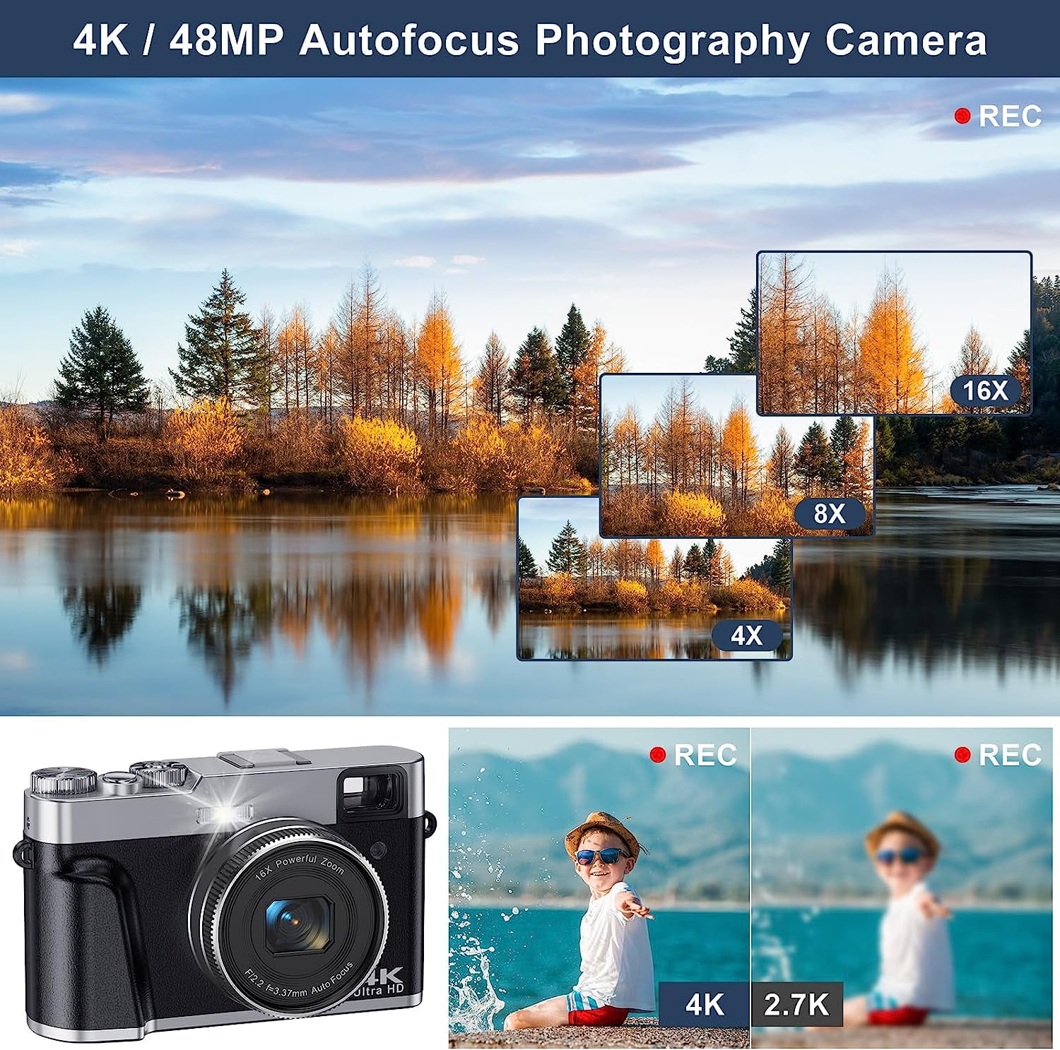 4K Digital Camera for Photography Autofocus 48MP 4K Camera for Vlogging YouTube 16X Digital Zoom Video Camera with 32GB SD Card