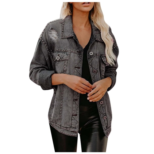 Chaquetas de prendas de vestir con cuentas sin capucha de manga larga con cuello vuelto a la moda para mujer Fridja hkj928