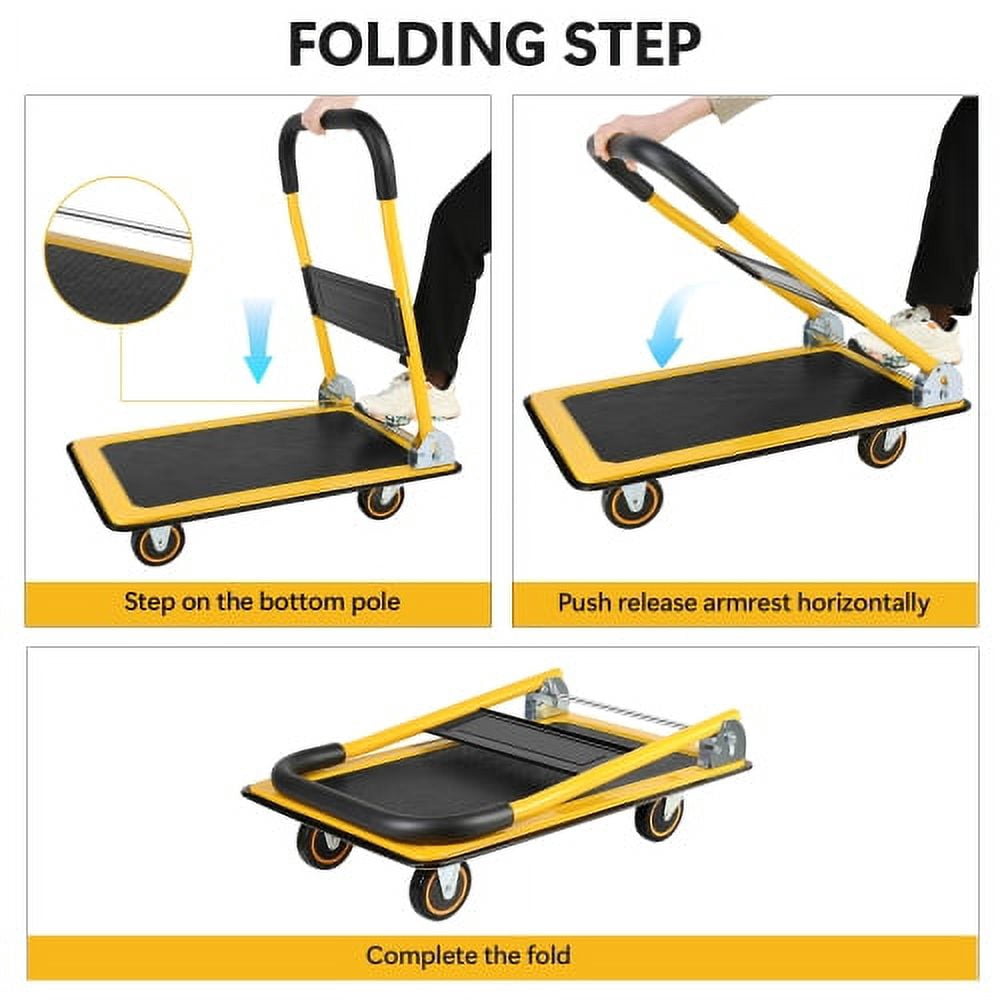 POWANLI Foldable Platform Truck, Push Dolly 330 LBS Weight Capacity, 360 Rolling, Folding Hand Truck for Luggage, Travel, Office, House (Yellow and Black) (28.7" x 19" x 32.5")
