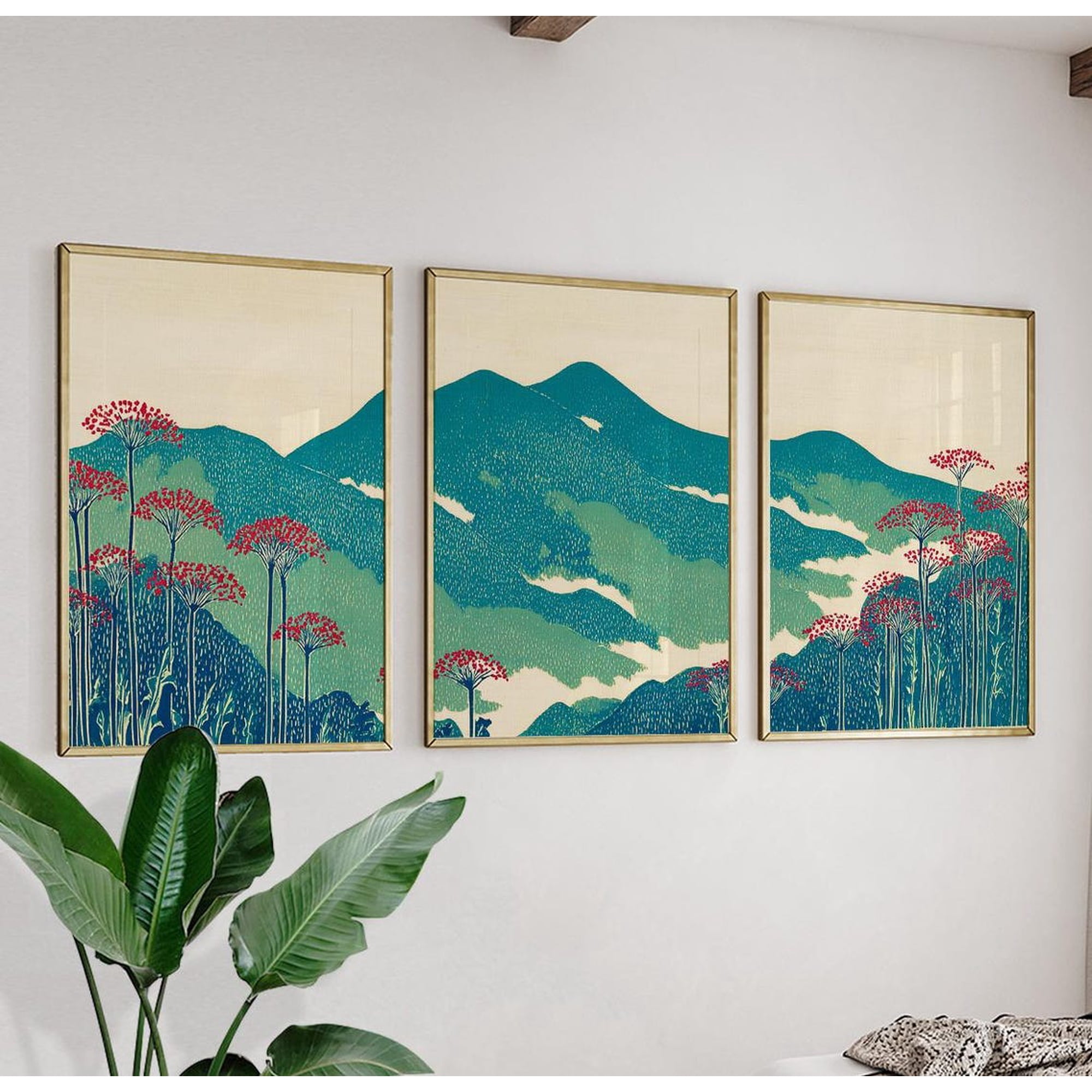 Blue Green Mountain Wall Art Prints Botanical Landscape Triptych For Modern Home Decor