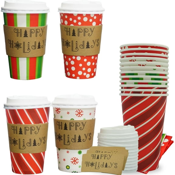 4E's Novelty Christmas Paper Cups Disposable 16 oz With Lids & Napkins (12 Packs) for Christmas Hot Cocoa Party Supplies, Hot Chocolate Bar