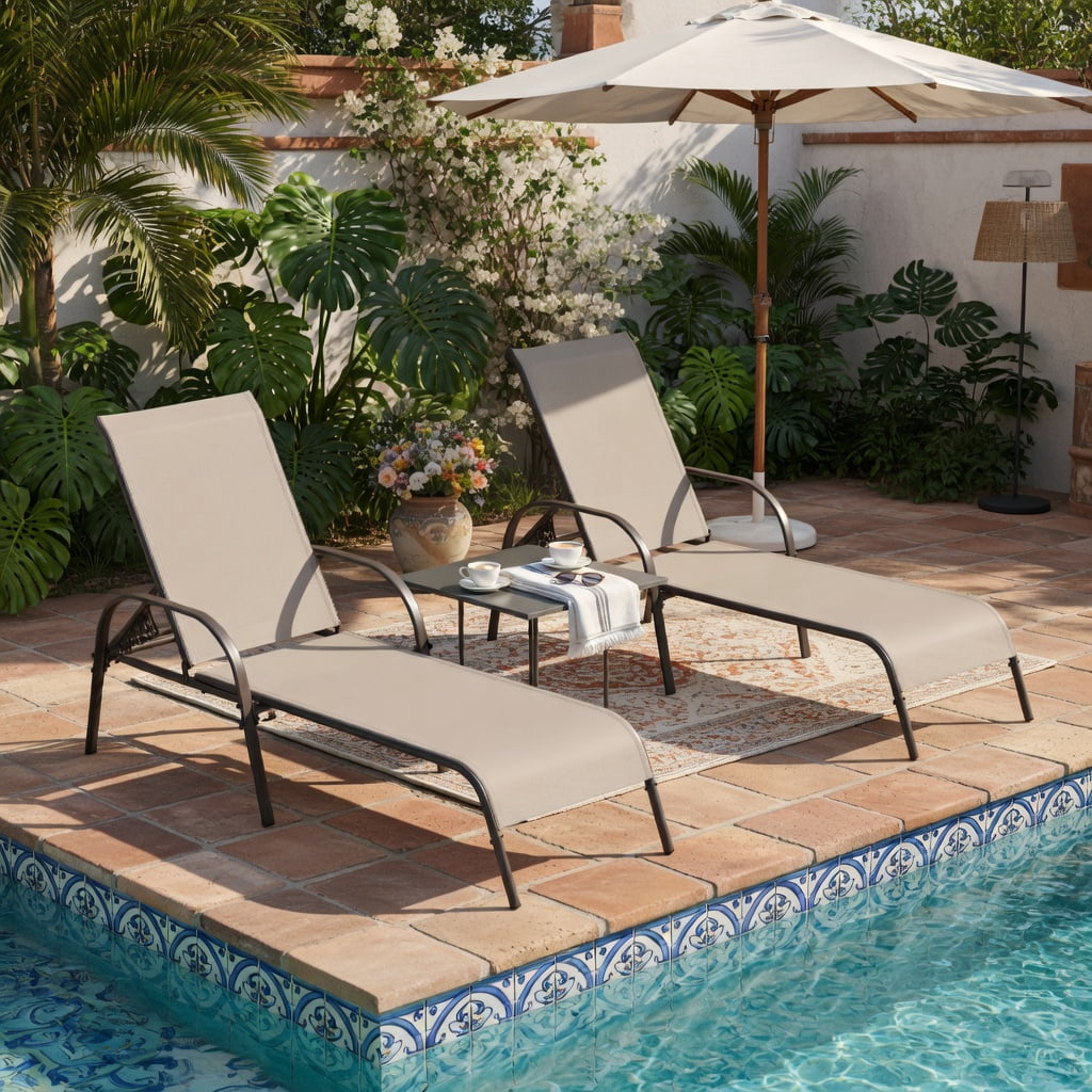 Hommoo 2-Pack Adjustable Outdoor Chaise Lounge Chairs, Breathable Sun-Resistant Fabric, Heavy-Duty Steel Frame, 5-Position Reclining Backrest for Patio, Poolside & Backyard, Brown