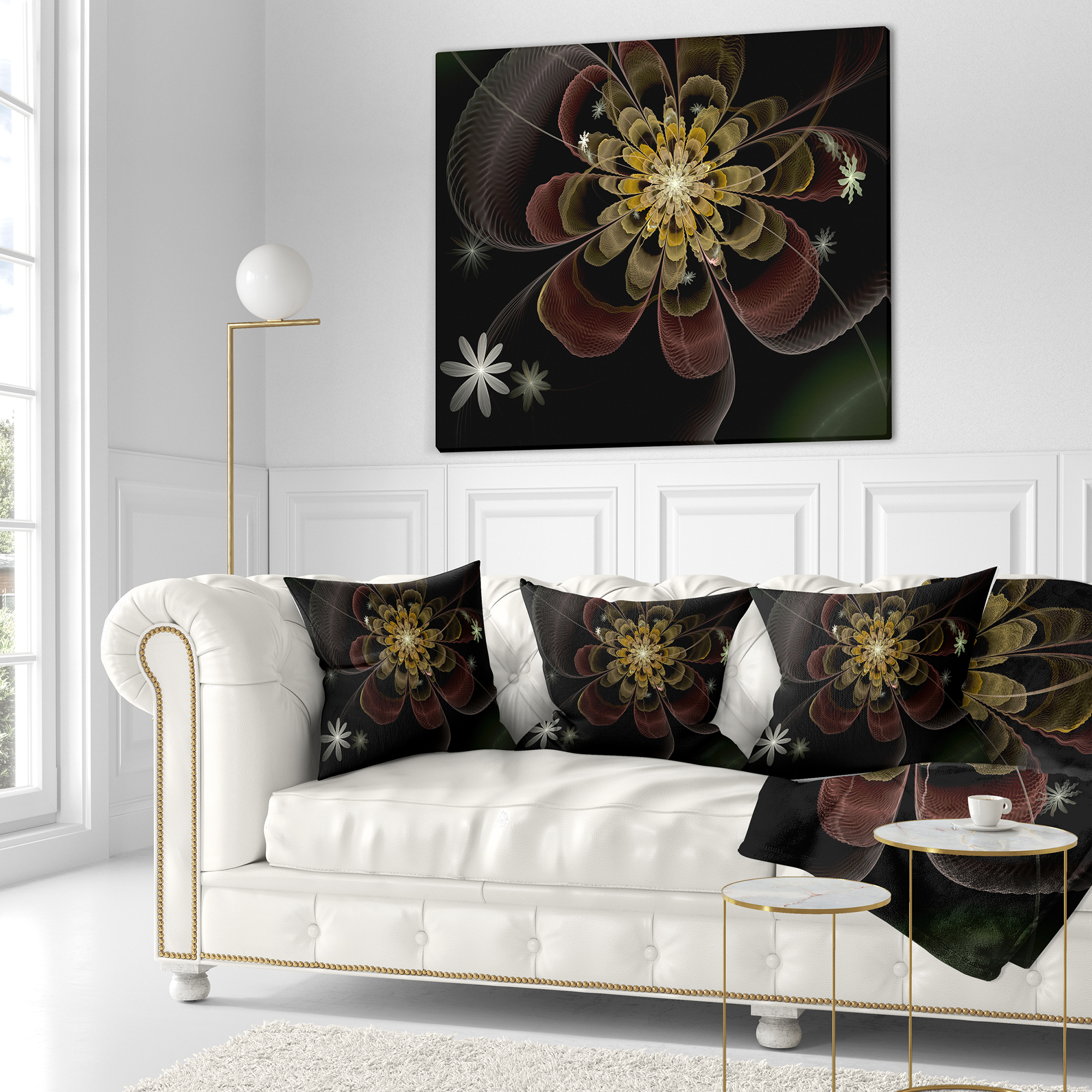 Designart Brown Fractal Flower with Silver stars - Floral Throw Pillow - 16x16