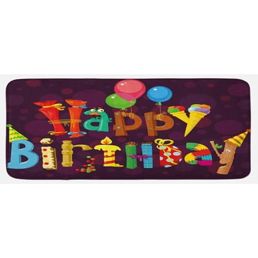 Birthday Kitchen Mat, Abstract Purple Background Ice Cream Sweets Party Objects as Letters Celebration, Plush Decorative Kitchen Mat with Non Slip Backing, 47" X 19", Multicolor, by Ambesonne