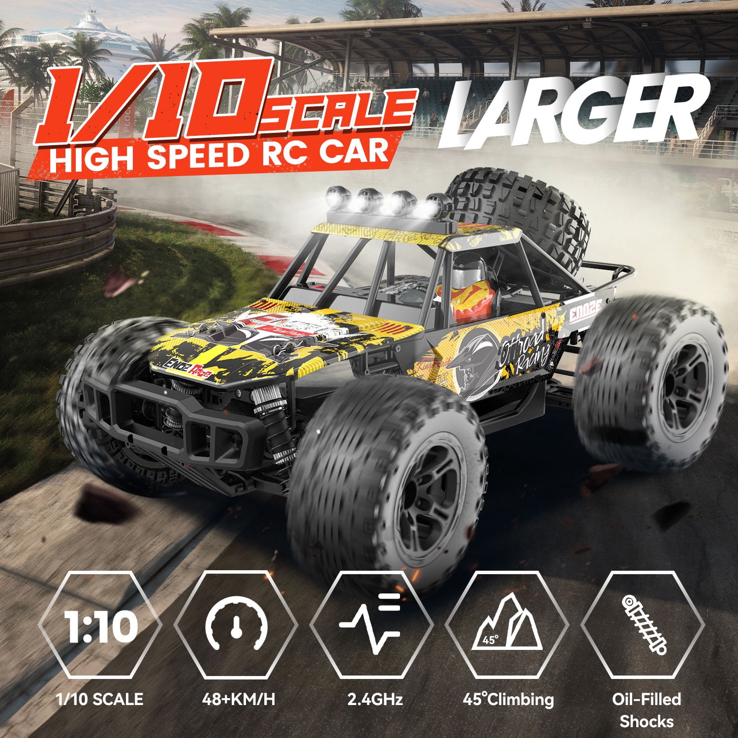 JoyStone 1:10 Large RC Car 35+MPH Hobby Grade Fast RC Truck with Lights, 4WD All Terrain off Road Monster Truck Electric Vehicle with 2 Batteries for Adults Boys, Yellow