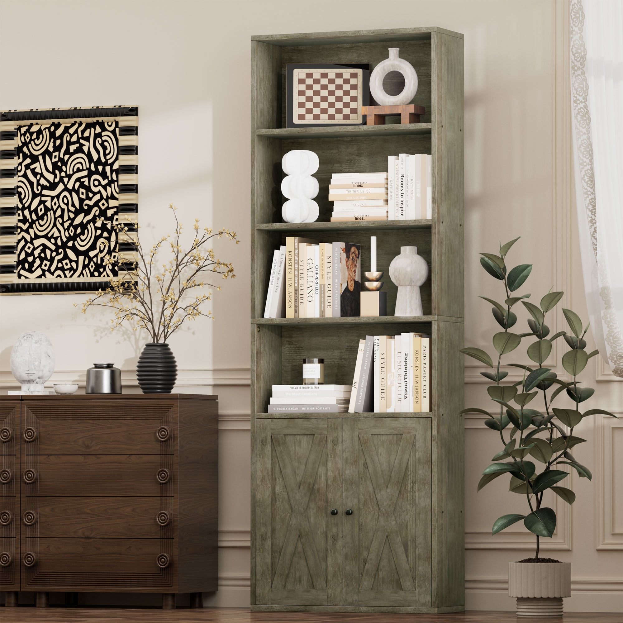 Walsunny Bookcase with Doors, 6-Tier Bookshelf with Storage, Farmhouse Bookshelves with Cabinet, Storage Display Shelf for Living Room Home Office, Gray