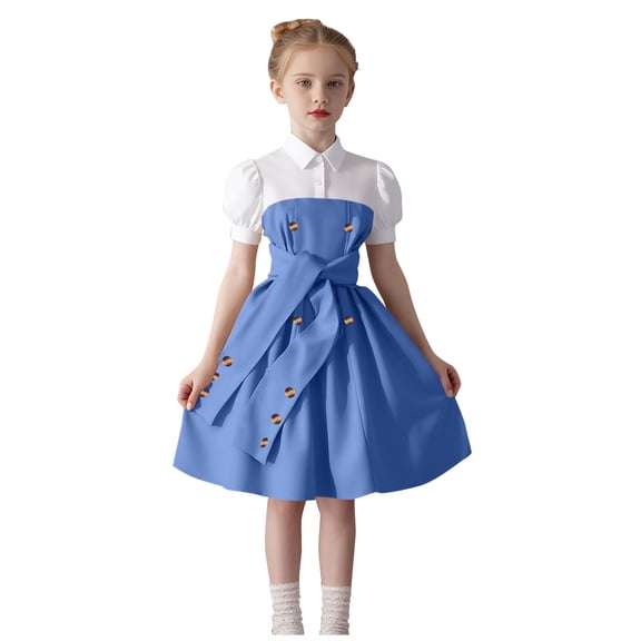 Blue Preppy Elegant Girls Dress for Party & Church, White Collar Puffed Sleeve with Bow, Tween Dress for 8-13 Years,Size 8-9 T