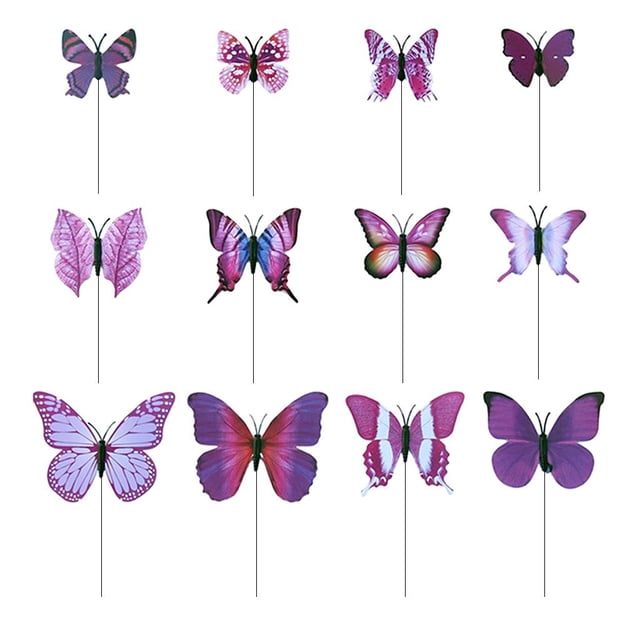 12 estacas de jardín con forma de mariposa voladora, decoración de metal, maceta para exteriores, manualidades para el hogar Púrpura
