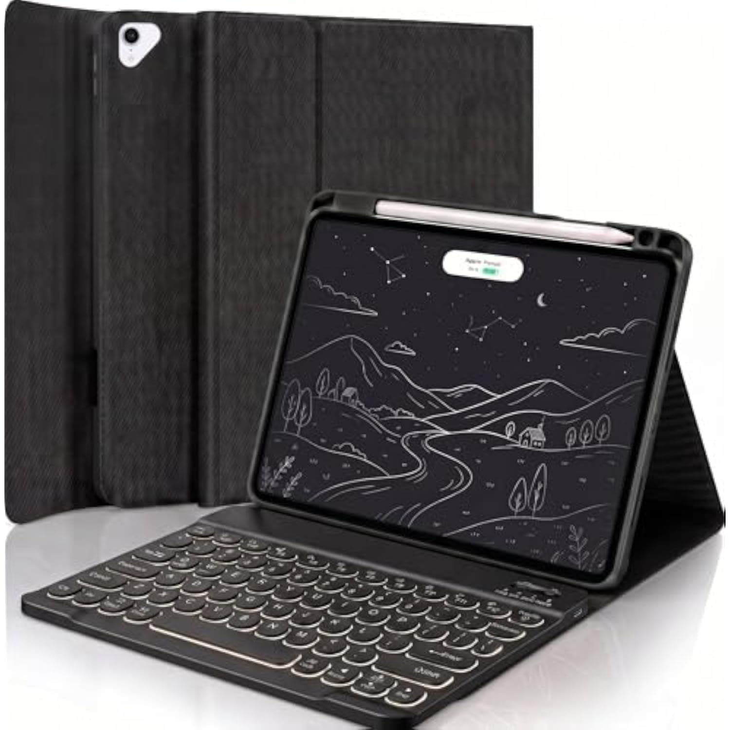 7 Color Backlit Detachable Bluetooth Keyboard Case for iPad 9.7" 2018 (6th Gen)/2017 (5th Gen)/iPad Air 2/Air 1, Smart Folio Cover with Pencil Holder，Black