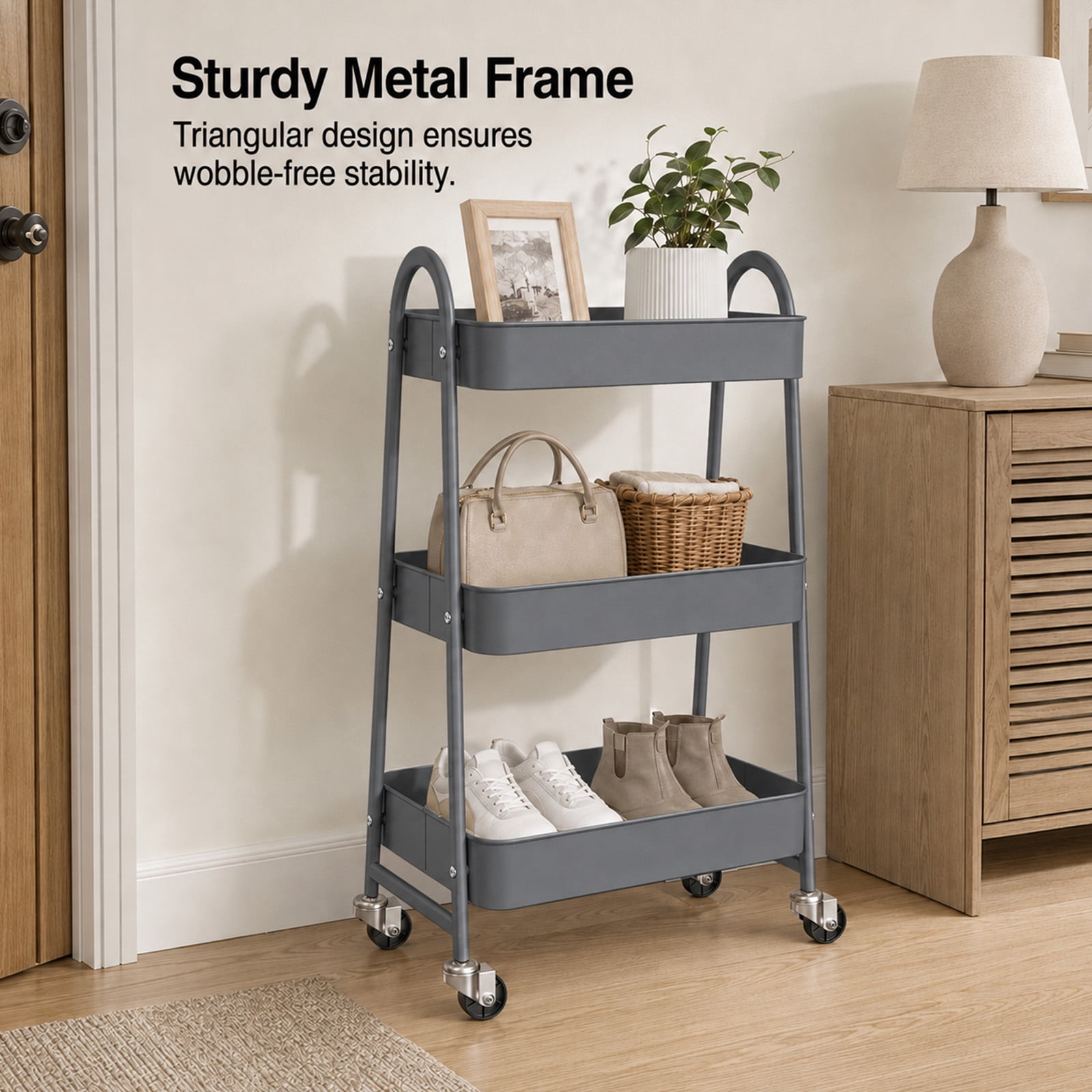 Alvantor 3-Tier Rolling Cart, Metal Rolling Utility Cart with Lockable Wheels, Multi-Functional Heavy Duty Storage Cart Organizer for Bathroom, Kitchen, Living Room, Office