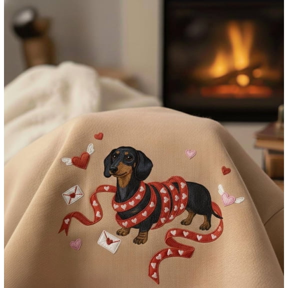 Dachshund Valentine Sweatshirt Embroidered, Dog Lover Gift, Heart Ribbon Puppy Sweater, Cozy Pet Lover Apparel