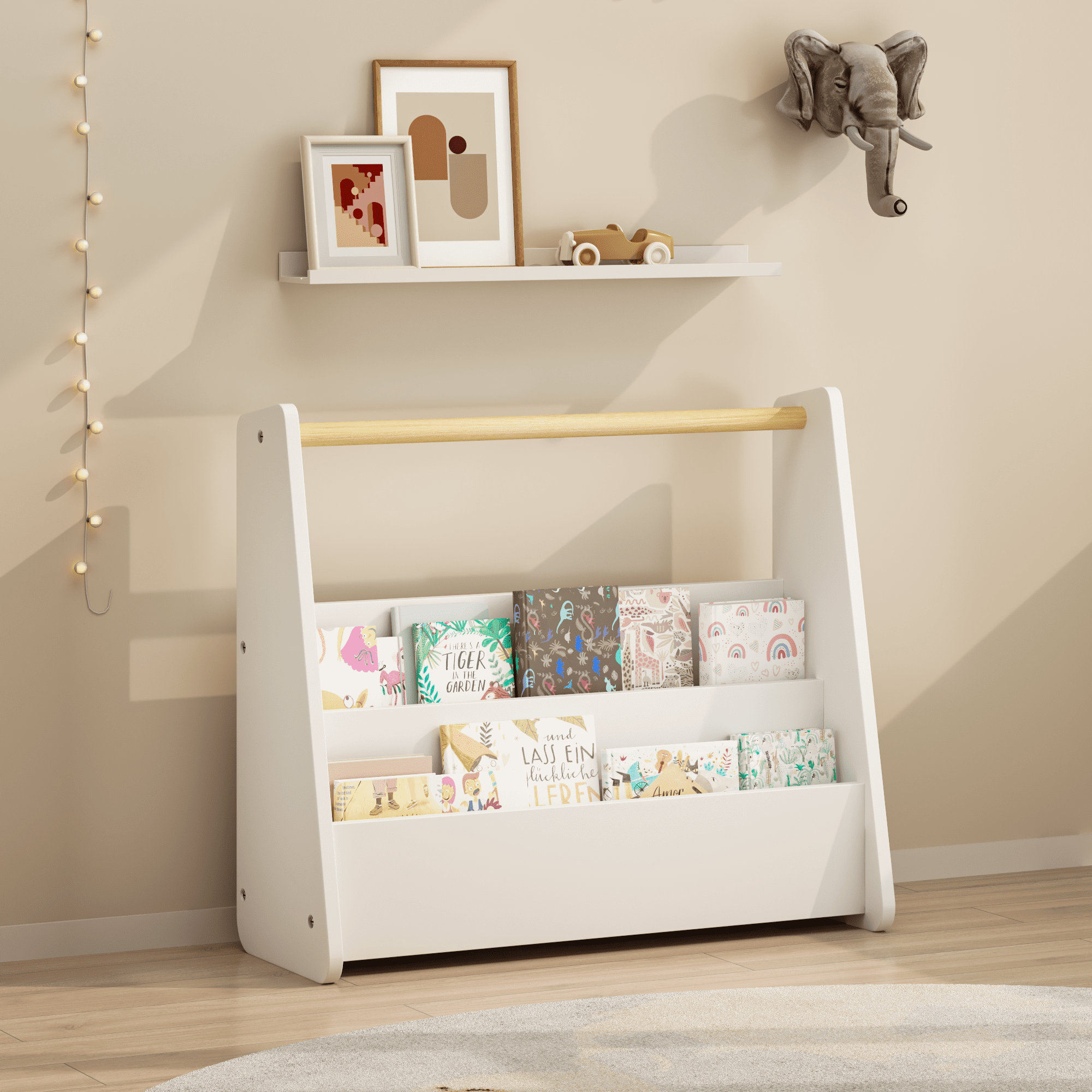 Kids Bookshelf with Wooden Handle, 2-Tier Front-Facing Toddler Bookcase, Portable Children's Book Storage Organizer for Bedroom, Playroom, Nursery, or Classroom, White