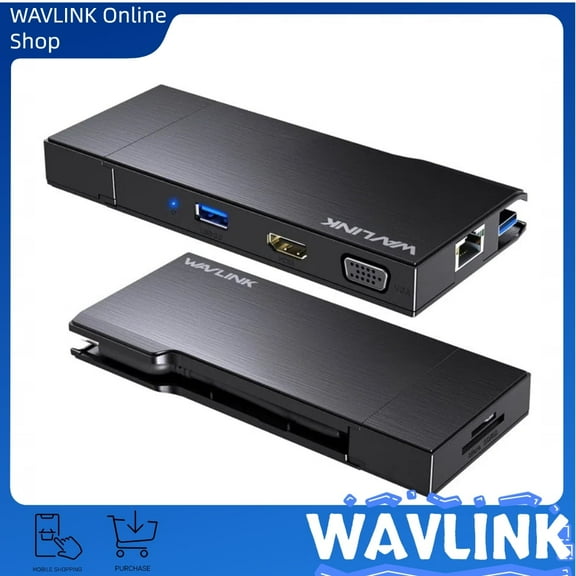 WAVLINK USB3.0 Travel Mini Dock, 9-in-1 Portable DisplayLink Dock, Multiport Adapter with 2K HDMI, 1080P VGA, 2x5Gbps USB3.0, Detachable SD/TF Card Reader, RJ45, for Mac/Windows/Android/Chrome/Ubuntu