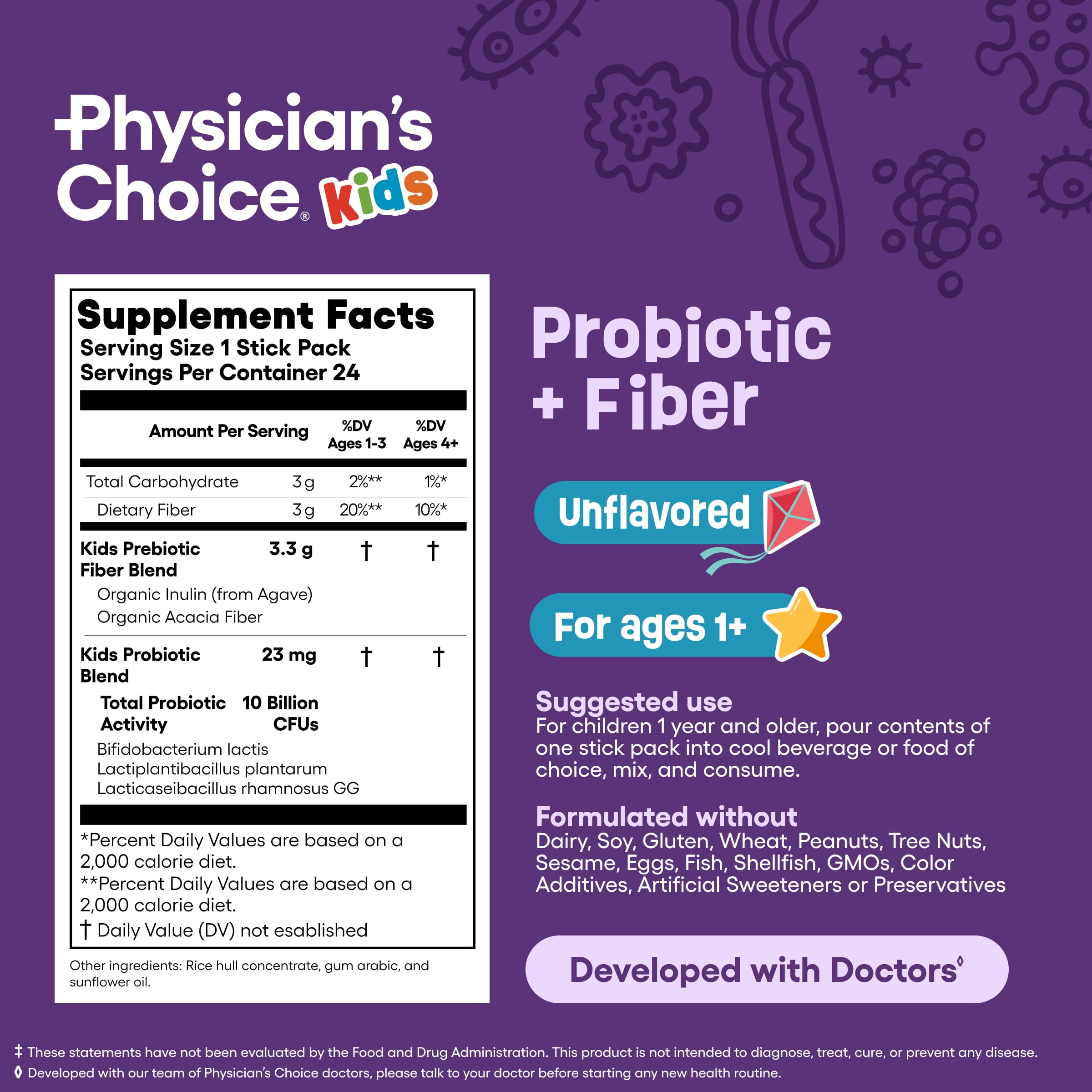 Physician's Choice Kids Probiotic + Prebiotic Fiber Packets (Ages 1+) - Supports Regularity, Occasional Constipation & Healthy Digestive System - No Allergens or Preservatives - Unflavored - 24 Pack