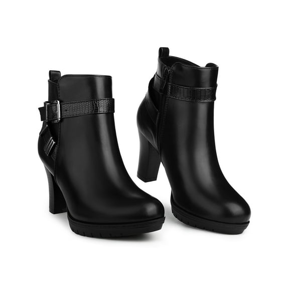 BLISSFUL STEP Platform Block Heel Buckle Ankle Boots for Women Black 7