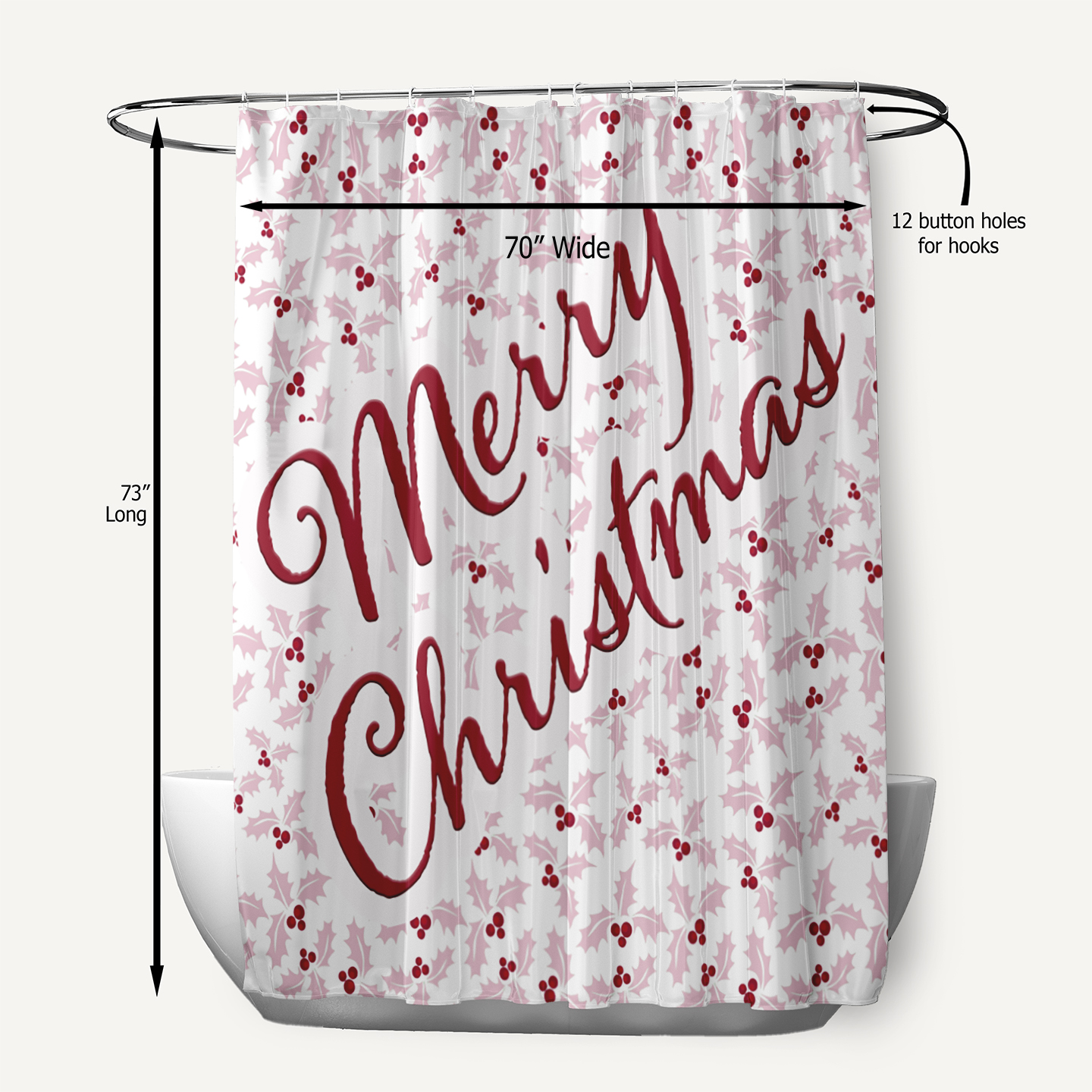 Simply Daisy 70" W x 73" L Merry Christmas with Holly Polyester Shower Curtain, Light Pink [1 Ct]