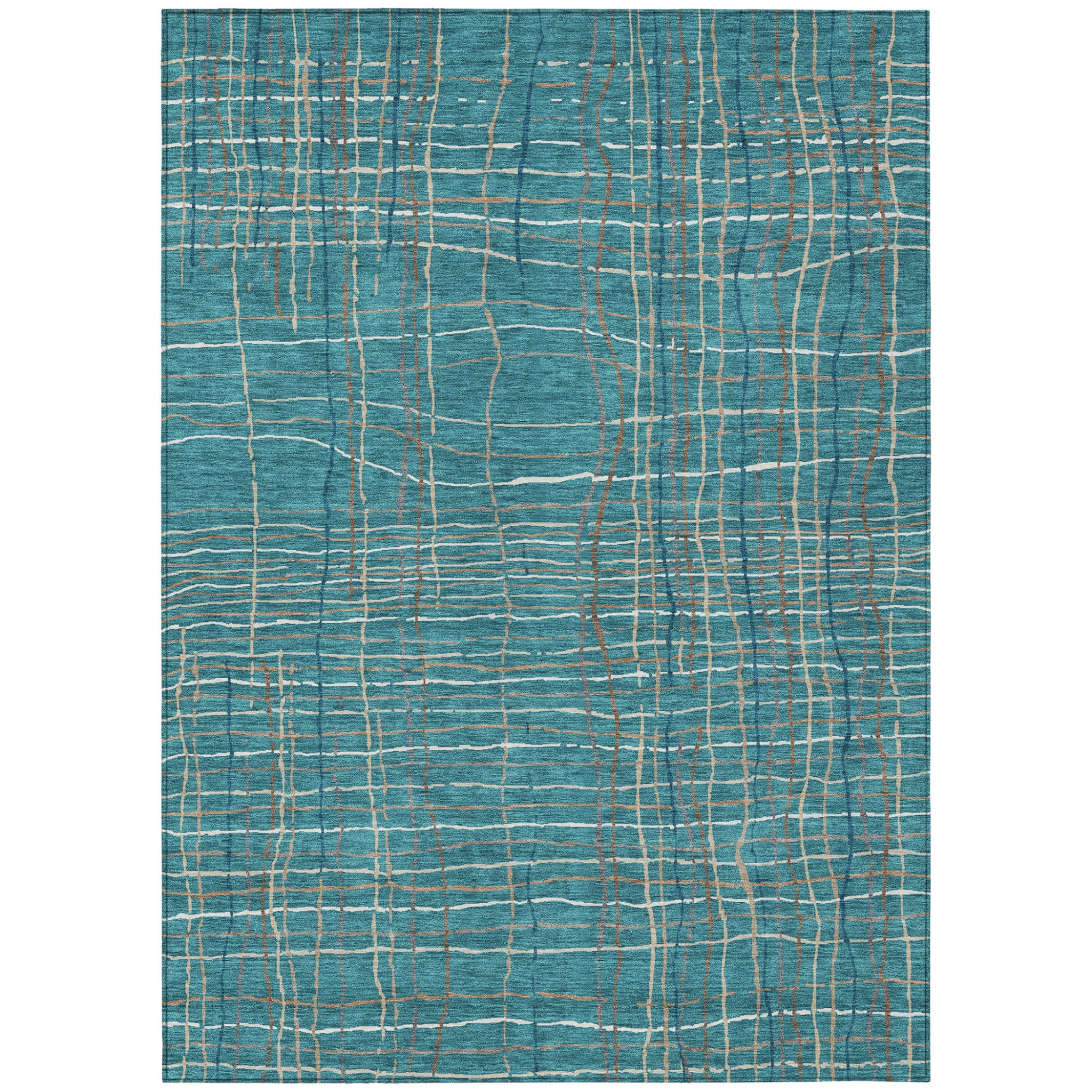 5' X 8' Teal Blue Gray And Brown Striped Washable Indoor Outdoor Area Rug