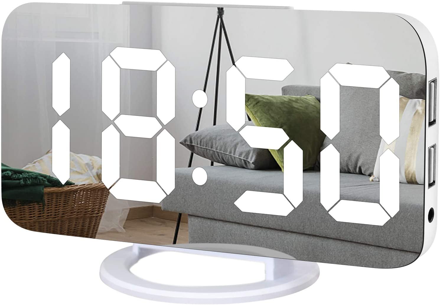 Digital Alarm Clock,Large LED Mirror Display, 2 USB Charging Ports，Auto Dim  Mode，Modern Design Clock for Bedroom Office, White