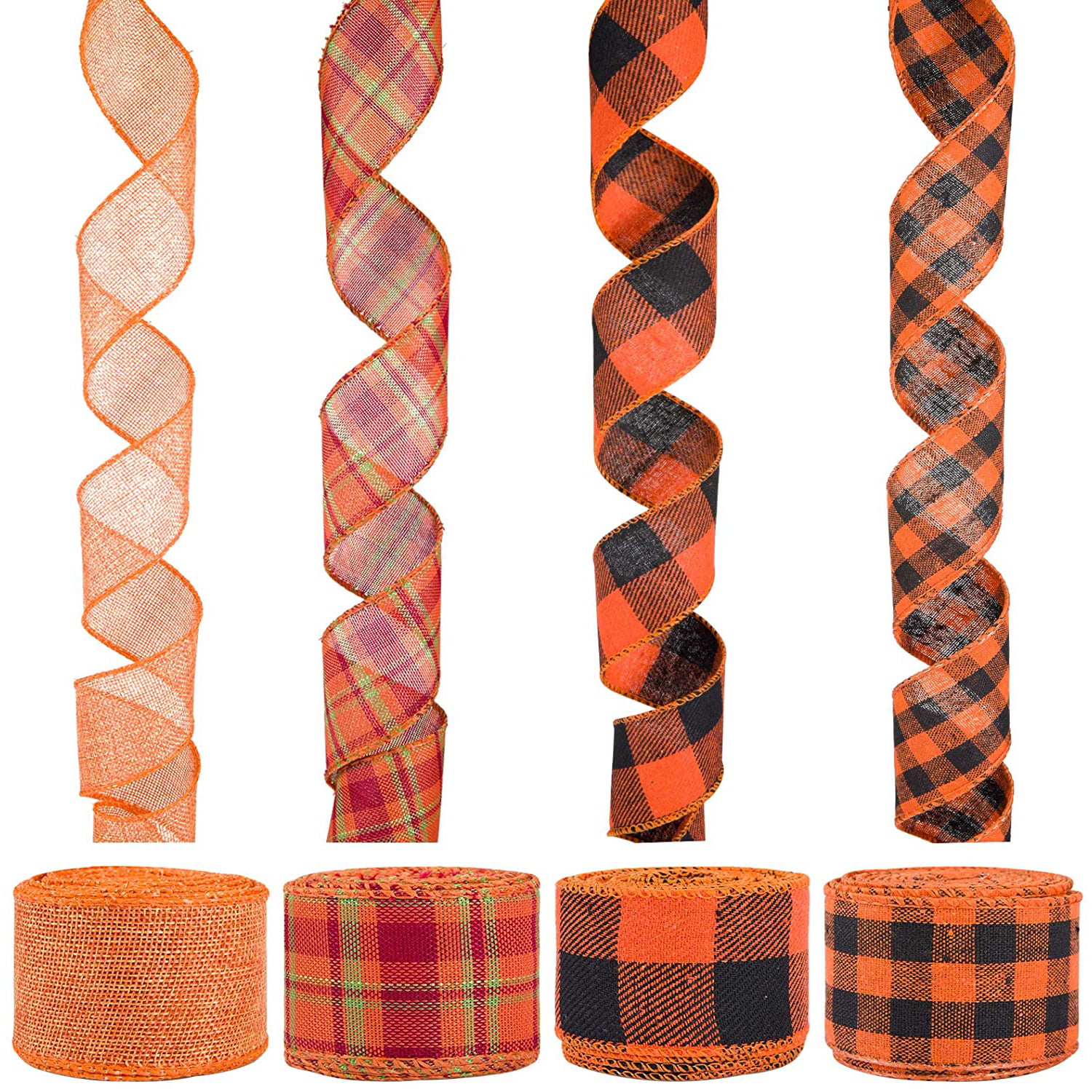 Ribbli Fall Burlap Ribbon,Natural/Orange/Sage Green/Fall Color Plaid Wired  Ribbon, 2 Inch x 6 Rolls Total 30 Yard, Fall Wired Ribbon for Big