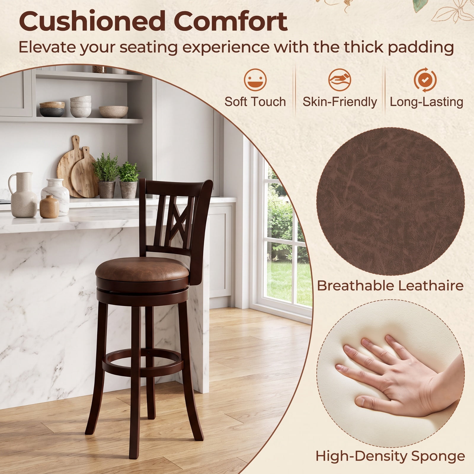 Furnibear Set of 2 Bar Stools Swivel Bar Chairs with Footrest and Hollowed Backrest-30 inches for Kitchen Island Counter Bar Pub Dining Home, Coffee