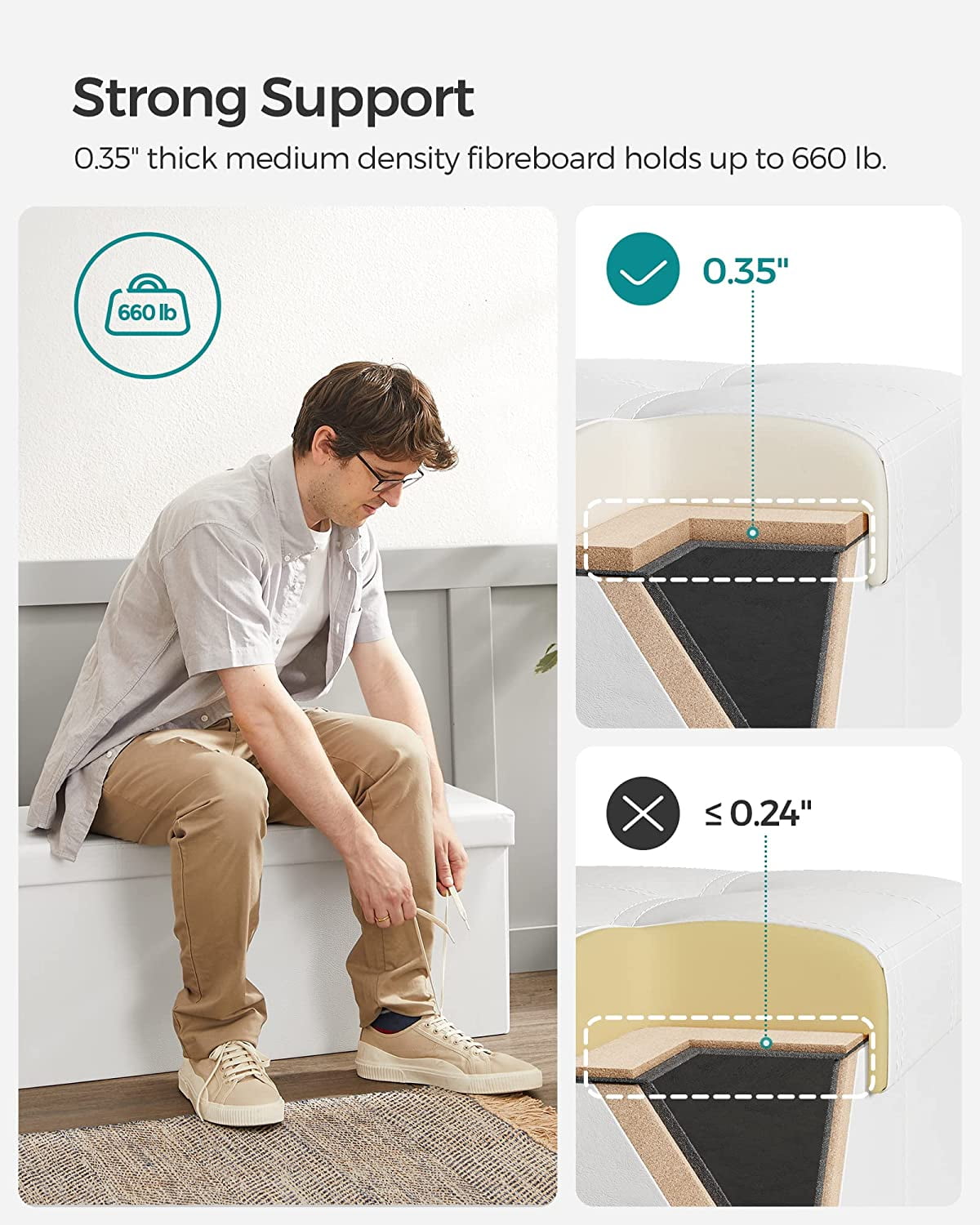 SONGMICS 43" Storage Ottoman Bench Leather Ottoman with Storage Hold up to 660lb Folding Footstools for Bedroom Living Room White