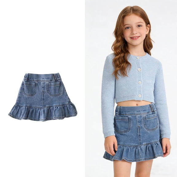 Jean Skirt for Kids Elastic Waist Mini Ruffle Jean Skirt Cute Denim Skirt Back to School Outfits Girls Skirt 4-5 Years