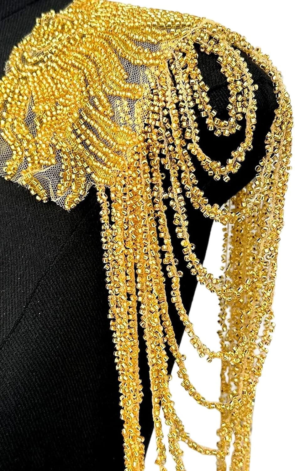 ABPETE 1 Pair Handmade Rhinestone Applique for Clothes, Sparkle Crystal Sewing Patches for Wedding Dress, Glass Beads Fringe Epaulettes for Shoulder Bodice Jacket Party Embellishment (Gold)