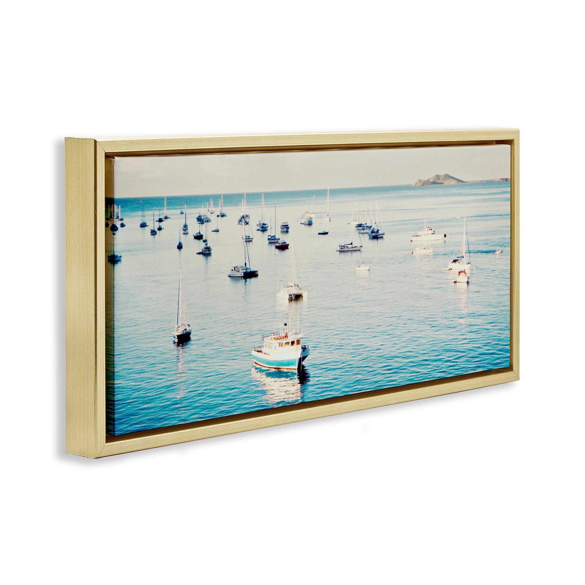 Stupell Industries Boat Fleet Marina Transportation Photography Gold Floater Framed Canvas Art Print Wall Art, 31 x 14