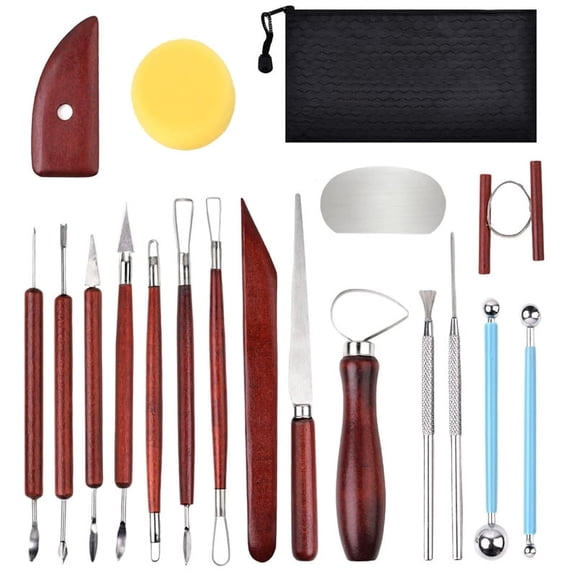 RYLZX 19Pcs Clay Sculpting Tools, Basic Clay Pottery Carving Tool Kit with Wooden Handles and Tool Bag
