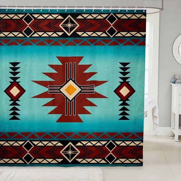 Rideau de Douche Southwest, Rideau Imperméable à Imprimé Géométrique Aztèque Tribal à Rayures Style Rustique Western pour Salle de Bain pour Enfants Filles Garçons Ados Déco de Chambre, Rideau de Bain Rétro Turquoise Rouge pour Adulte, 72 Pouces L X 72 Pouces L