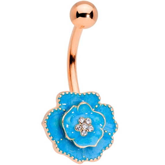 Body Candy Womens 14G Plated Steel Navel Ring Piercing Blue Rosy Flower Reversible Belly Button Ring
