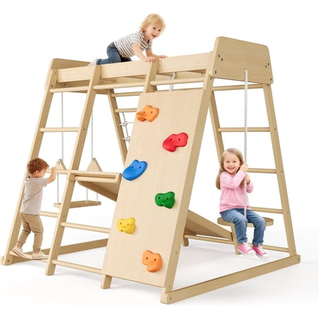 8 in 1 Wooden Jungle Gym Indoor Playground Kids Climbing Toys Playset with Slide Swing Monkey Bars Climb Net Natural Safe Christmas Birthday Gifts for Toddlers Kids