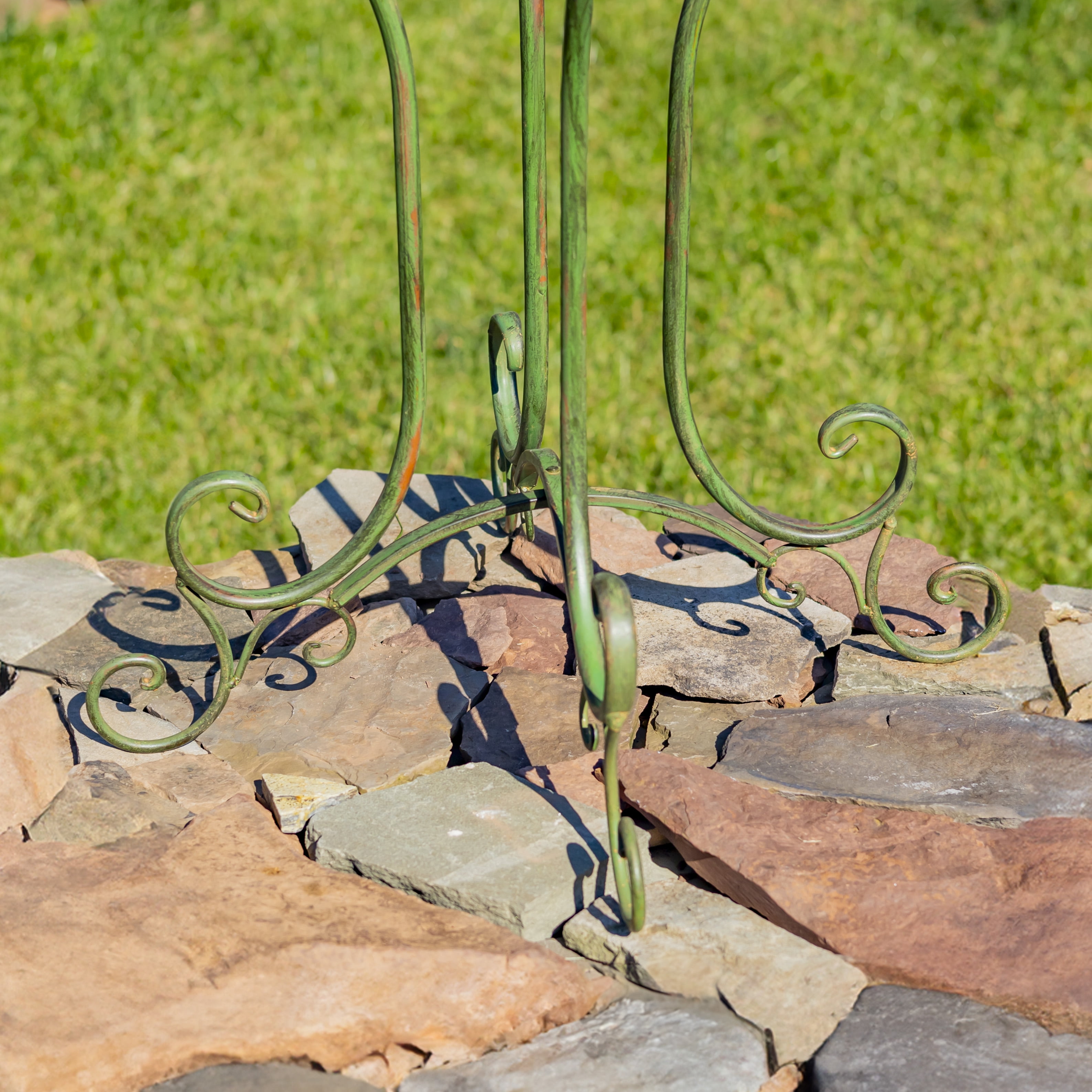Zaer Ltd. Deep Well Made Metal Birdbath with 2 Cast Iron Birds and Leaf Decoration (Antique Green)