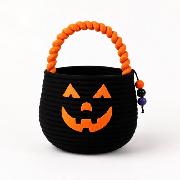 Halloween Pumpkin Woven Storage Basket with Handles, Cotton Rope Organizer for Toilet Tank Top Bathroom Countertop Bedroom Home Candy Gift Decor (Black)