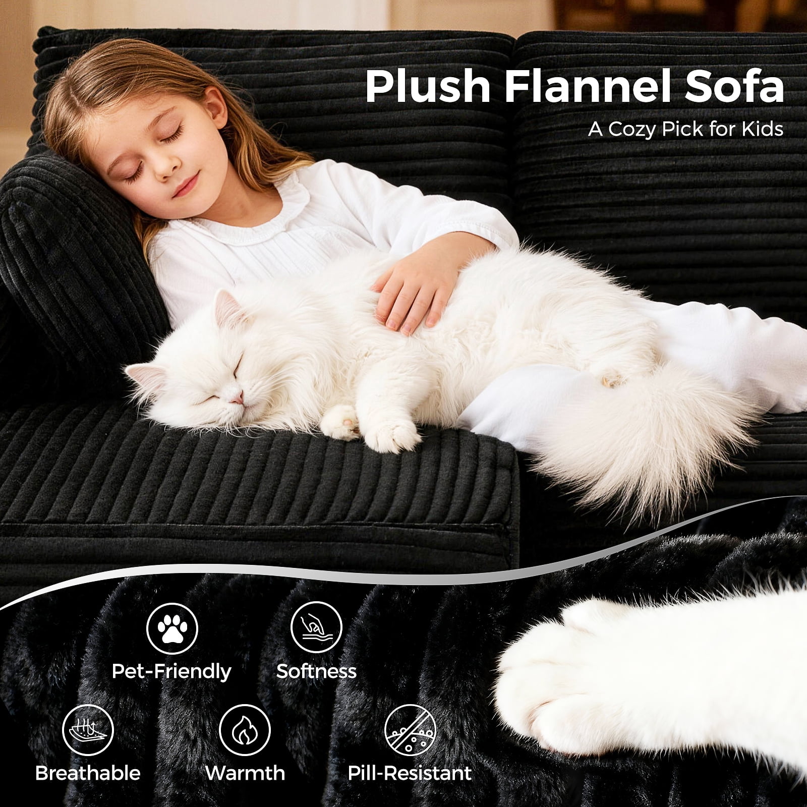 106” Sectional Couch with Chaise, Cloud Boneless Couches Flannel Plush with Deep Seat, L-Shaped Compressed Modular Sofa with Cushions for Living Room, Small Space, Black